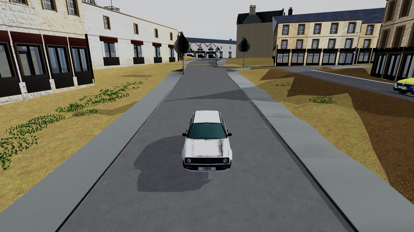 Driver-height view along a Linlithgow street in Unity, a white hatchback ahead on the road,
                    sandstone terraces to the left and shopfronts to the right.