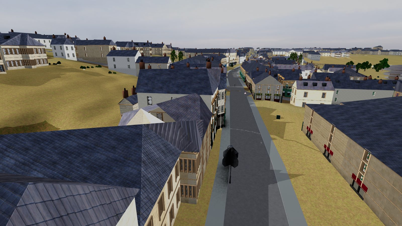 Aerial view of a Scottish high street rendered in Unity: slate roofs, sandstone terraces and a
                    curving main road, with dry grass-toned terrain either side.